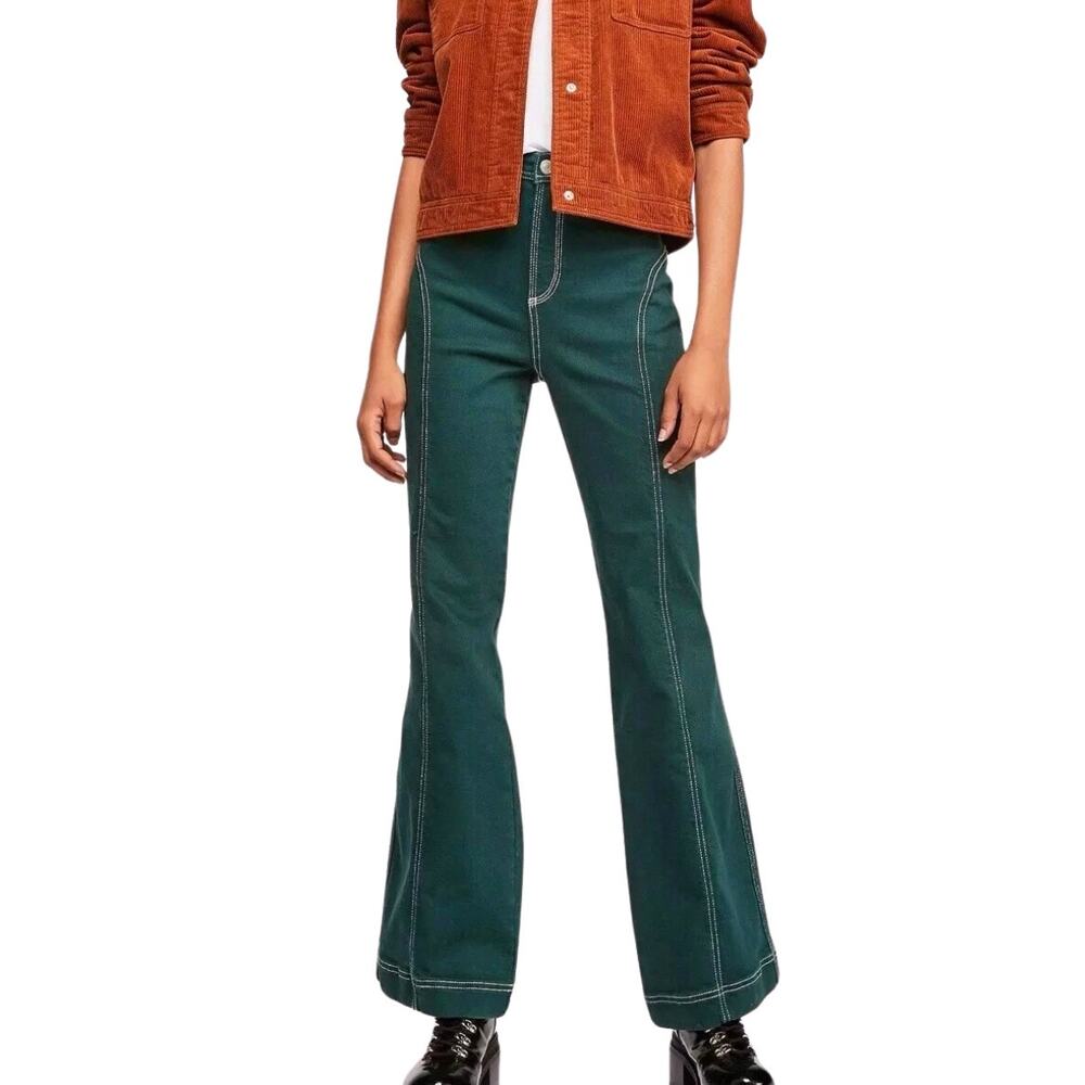 Free People Foxy Flare Jeans Green High Rise Contrast Stitch Wide Leg Size 29